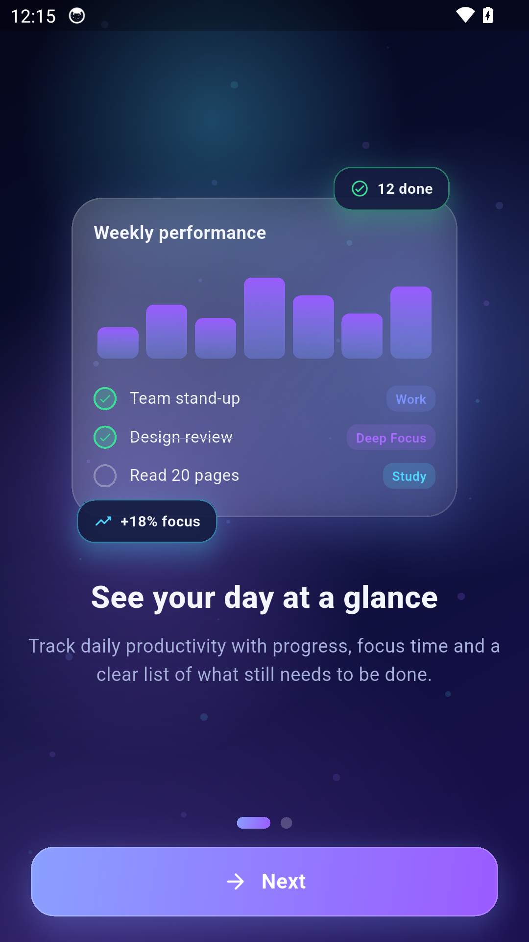 Pure Dashboard productivity statistics screen