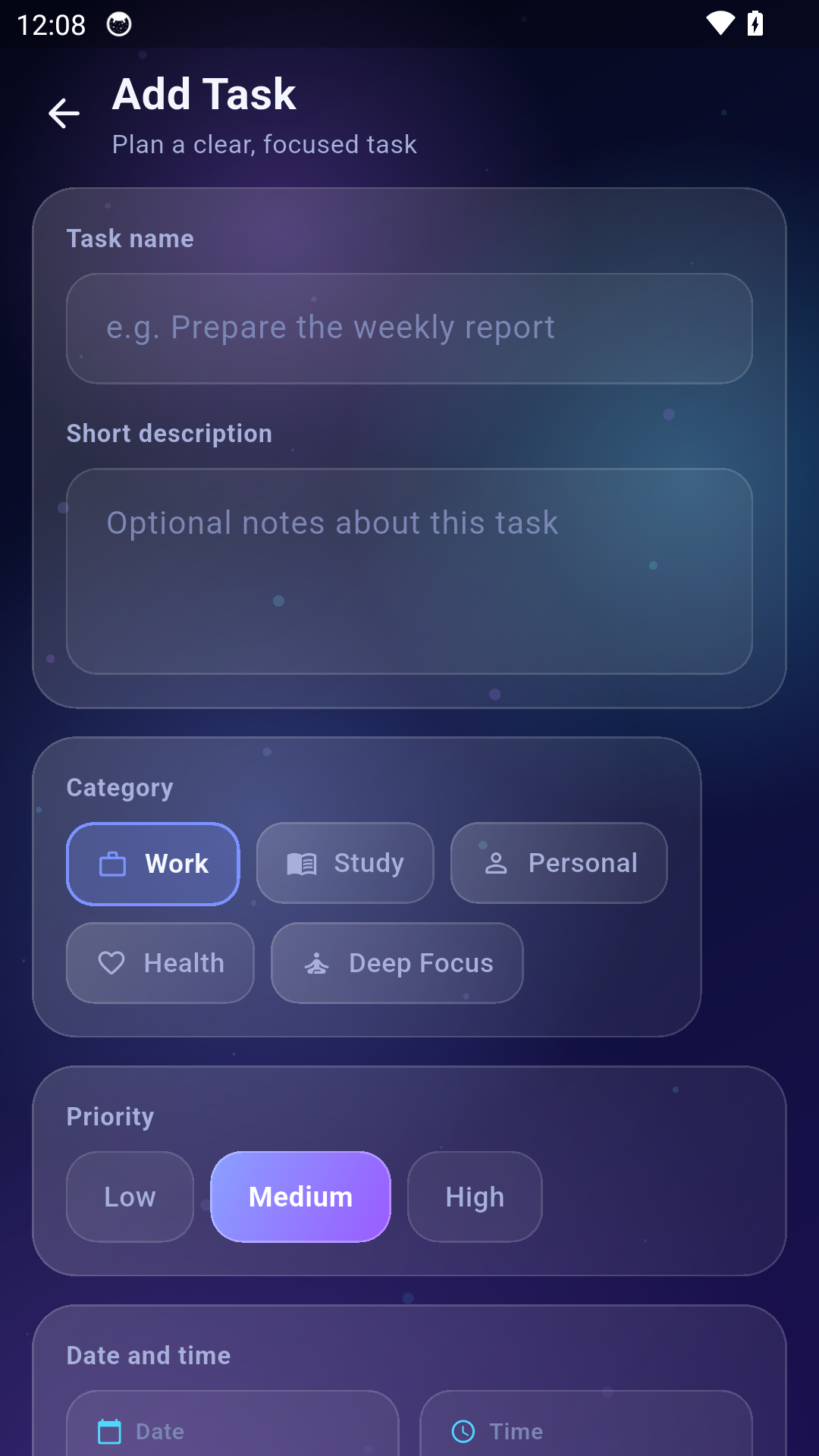 Pure Dashboard add task screen